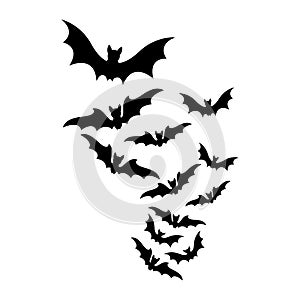 Flying bats halloween swarm silhouette isolated on white background