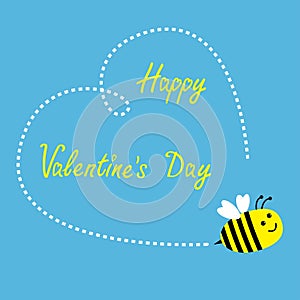 Flying bee. Big dash heart in the sky. Happy Valen