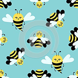 Flying Bee Cartoon. Seamless pattern on blue. Cute insects for wallpaper, fabric and other