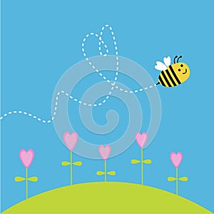 Flying bee. Dash heart in the sky. Card