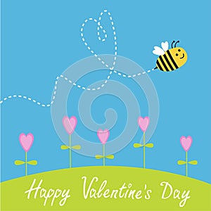 Flying bee. Flowers. Dash heart in the sky. Happy