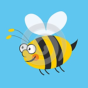 Flying bee, single object on blue background, vector picture