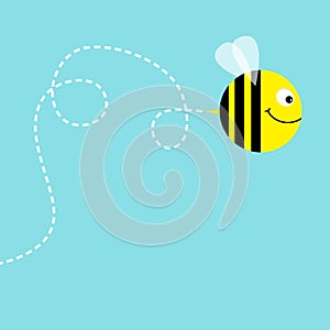 Flying bee in the sky. Dash line air loop. Cute cartoon funny fat caharacter. Love greeting card. Flat design. Baby blue backgroun