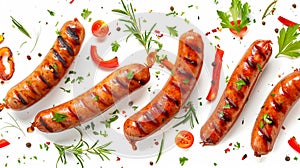 Flying big grilled sausages with herbs and spices. isolated on white background.