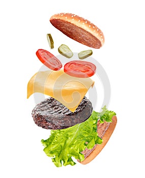 Flying big hamburger on white background, levitation concept