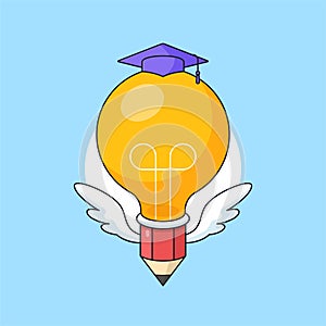 Flying big head light bulb lamp pencil with wing and toga hat vector illustration for smart education visual concept design