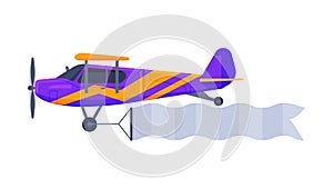 Flying Biplane with Blank Horizontal Banner, Retro Air Vehicle with White Ribbon for Advertising Flat Vector