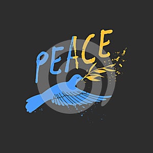 Flying bird as a symbol of peace. Support Ukraine. No war sign poster. Dove, pigeon bird flying