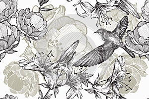 Flying bird on a floral background of lilies and roses. Seamless pattern, vector illustration