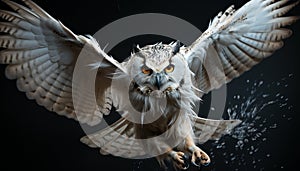 Flying bird of prey, close up portrait, spread wings, looking at camera generated by AI