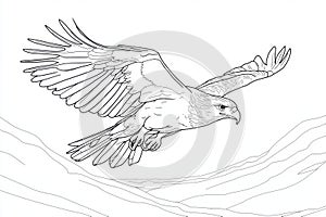 Flying bird of prey in continuous line art drawing style with black linear background and white eagle in flight.