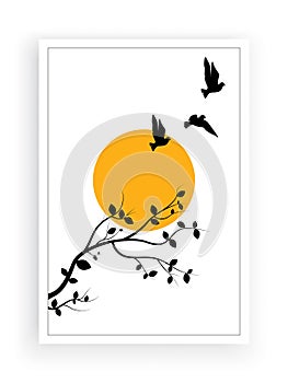 Flying Birds on Branch on full Moon Vector, Wall Decals, Birds on Tree Design, Couple of Birds Silhouette. Nature Art Design