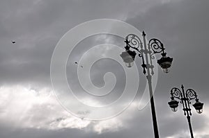 Flying Birds with Classic Lampposts