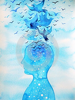 Flying birds free and relax mind with open blue sky, abstract watercolor painting