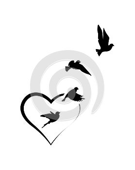 Flying birds silhouettes and heart shape, isolated on white background