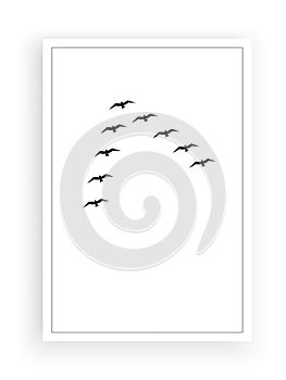 Flying birds silhouettes, vector. Black and white illustration. Minimalist background. Wall decals, wall art work