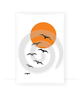 Flying birds on sunset, vector. Flying birds silhouettes isolated on white background. Minimalist poster design in a frame.