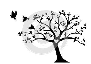 Flying Birds On Tree Vector, Tree with heart, Wall Decals, Wall Decor, Flying Birds Silhouette, Birds on Branch