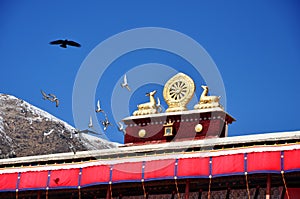 Flying Birds and Two golden deer flanking a Dharma wheel photo