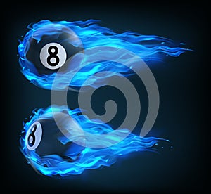 Flying black billiard eight ball in blue fire