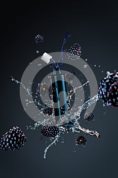 Flying black cosmetic product with splashes and blackberry elements on a gray background. Poster product photography