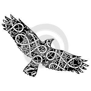 Flying Black Raven and ancient Scandinavian pattern