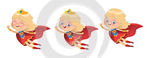 Flying Blond Girl wearing colorful costumes of superheroe, isolated on white background photo