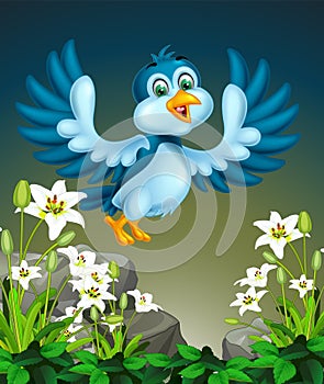 Flying Blue Bird On The Top of Rocks And White Ivy Flower Cartoon