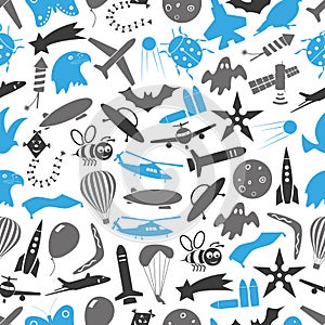 Flying blue and gray theme theme symbols and icons seamless pattern eps10