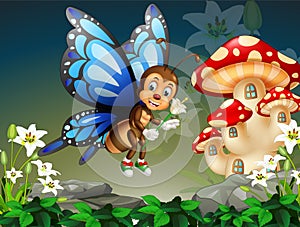 Flying Blue Wings Buterfly With Rock, White Flower, And Red Mushroom House Cartoon