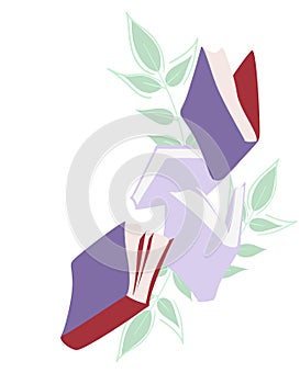 Flying Books object icon, Banner for decoration design. Reading symbol in green leaves clip art. Knowledge, learning