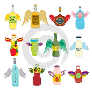 Flying bottle with wings for beverage on vector drinking hand drawn illustration isolated on white.