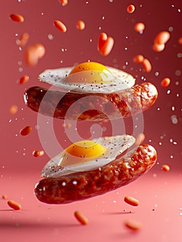 Flying Breakfast Sandwich with Sausage, Fried Egg, and Seasonings on a Vibrant Pink Background