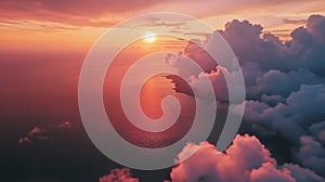 Flying in bright sunset clouds