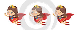 Flying Brown Hair Girl wearing colorful costumes of superheroe, isolated on white background photo