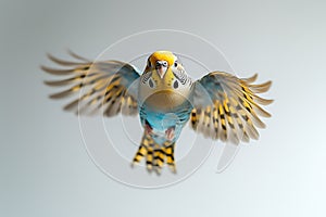 Flying budgie on solid background
