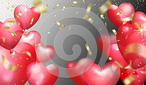 Flying bunch of red balloon hearts and golden confetti on transparent background. Happy Valentines Day. Vector holiday