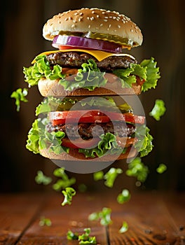 Flying burger creation showcases hedonistic minimalism amidst chaotic flavors photo