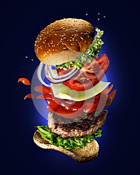 Flying burger with sesame seeds