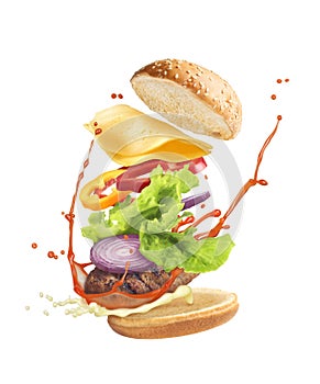 Flying burger on a white background