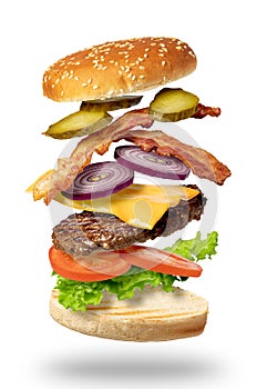 Flying burger on a white background