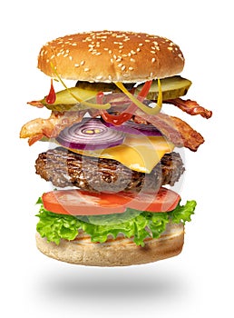 Flying burger on a white background