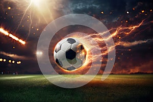 flying and burning soccer ball with lightning around