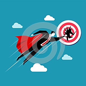 Flying businessman destroys the target. Business target concept