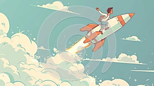 Flying businessman on rocket heading towards the sky. Business concept of starting, achieving, goal setting, ambition