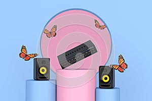 Flying Butterfly Between Audio Studio Acoustic Speakers, HIFI Stereo Mixer Amplifier over Pink and Blue Pedestal Promo Stands. 3d