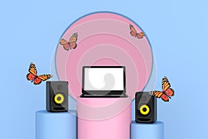 Flying Butterfly Between  Audio Studio Acoustic Speakers, Modern Laptop Notebook over Pink and Blue Pedestal Promo Stands. 3d