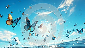 Flying butterfly silhouette on blue sky backdrop background