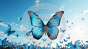 Flying butterfly silhouette on blue sky backdrop background