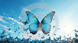 Flying butterfly silhouette on blue sky backdrop background